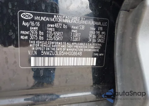 2017 Hyundai Santa Fe Sport 2.4L z USA, uszkodzony, nr VIN 5NMZU3LB5HH008648